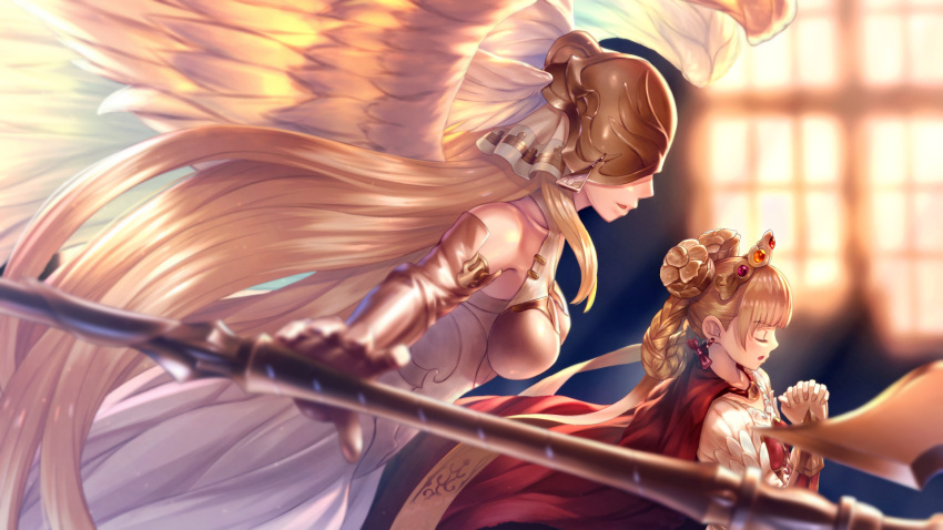2girls axe bangs bare_shoulders blonde_hair blunt_bangs blurry bow braid breastplate breasts brown_hair cape closed_eyes collarbone covered_eyes crown depth_of_field double_bun dress earrings eyebrows_visible_through_hair eyelashes feathered_wings floating_hair from_side gauntlets granblue_fantasy hair_rings hands_clasped helmet highres jewelry juliet_(granblue_fantasy) kaina_(tsubasakuronikuru) long_hair medium_breasts multiple_girls outstretched_arm parted_lips polearm praying profile red_cape sleeveless sleeveless_dress small_breasts very_long_hair weapon white_dress white_wings window wings