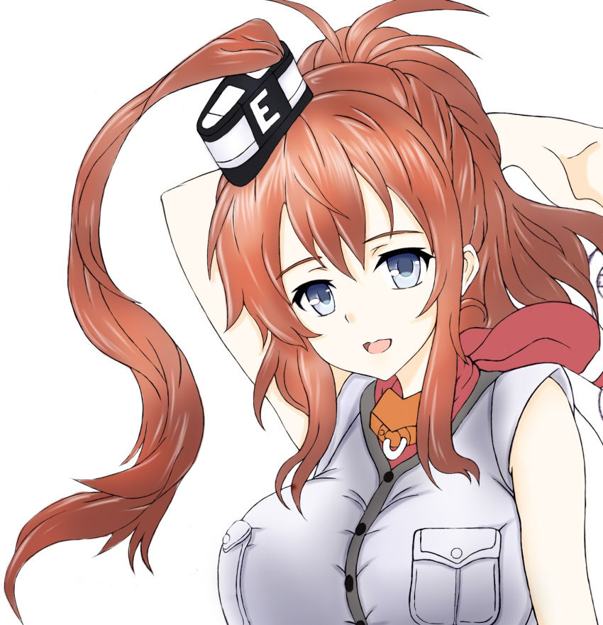 1girl artist_request breast_pocket breasts brown_hair grey_eyes hair_between_eyes highres kantai_collection large_breasts long_hair looking_at_viewer open_mouth ponytail red_neckerchief saratoga_(kantai_collection) side_ponytail smile solo