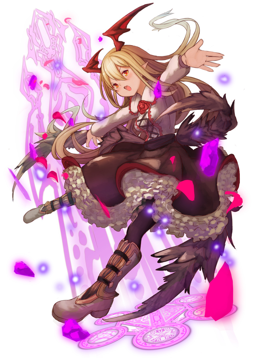 1girl black_legwear black_skirt blonde_hair blouse boots granblue_fantasy head_wings highres hukahire0120 knee_boots long_hair outstretched_arms pantyhose petticoat red_eyes skirt vampy_(granblue_fantasy) very_long_hair white_blouse