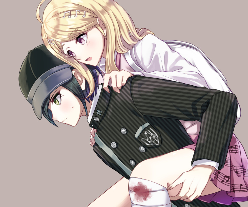 1boy 1girl absurdres akamatsu_kaede bandage baseball_cap beamed_quavers beamed_semiquavers black_hair blonde_hair blood bloody_bandages brown_background carrying crochet dangan_ronpa gakuran green_eyes hat highres injury long_hair musical_note musical_note_hair_ornament musical_note_print new_dangan_ronpa_v3 piggyback pink_skirt pinstripe_pattern quaver saihara_shuuichi school_uniform simple_background skirt utou_(utousan) violet_eyes