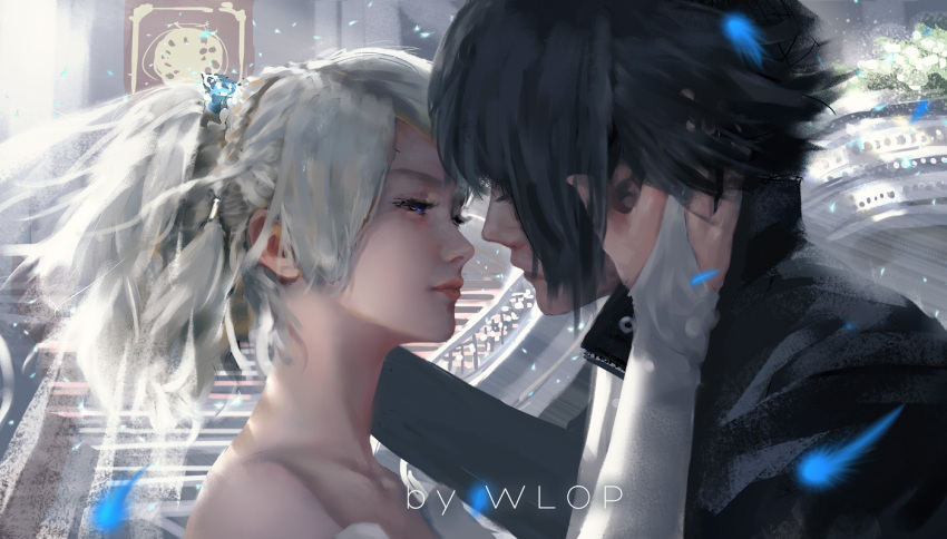 1boy 1girl artist_name black_hair blonde_hair bridal_gauntlets bridal_veil eye_contact feathers final_fantasy final_fantasy_xv hand_on_another's_face incipient_kiss looking_at_another lunafreya_nox_fleuret noctis_lucis_caelum veil wlop