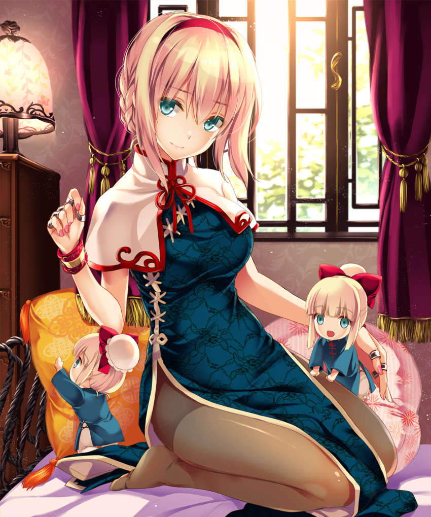 1girl alice_margatroid alternate_costume alternate_hairstyle bangs blonde_hair blue_eyes braid bun_cover capelet china_dress chinese_clothes closed_mouth curtains dress female hair_between_eyes hairband highres indoors lamp looking_at_viewer moneti_(daifuku) nail_polish on_bed pantyhose pelvic_curtain pillow shanghai_doll smile solo tassel touhou window wrist_cuffs