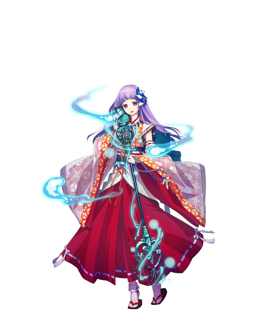 1girl colored_eyelashes detached_sleeves full_body hair_ornament highres holding holding_staff long_hair magic official_art open_mouth purple_hair ribbon_trim royal_flush_heroes sandals solo staff transparent_background violet_eyes wide_sleeves