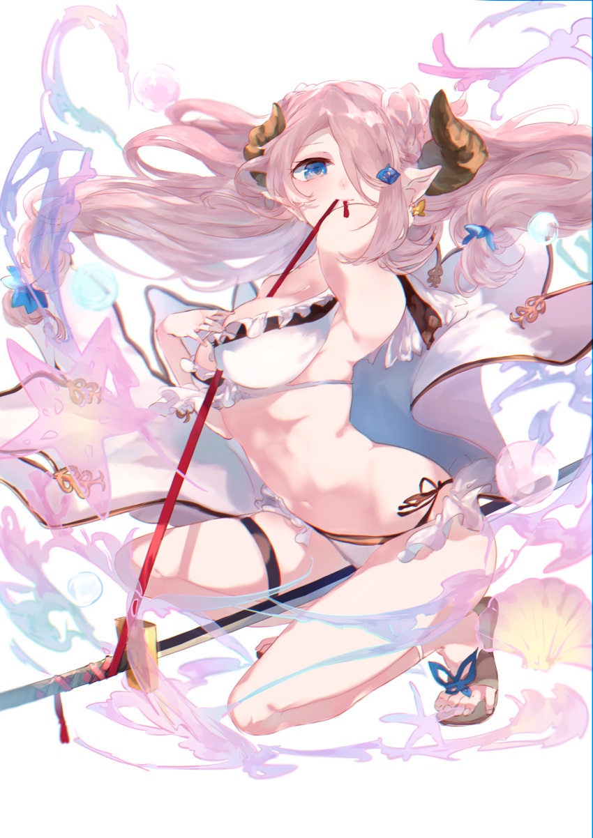 1girl arms_behind_head ass bangs bare_shoulders between_legs bikini blue_eyes braid breasts doraf floating_hair frilled_bikini frills from_side full_body granblue_fantasy groin hair_ornament hair_over_one_eye hand_on_breast highres horns katana large_breasts long_hair looking_at_viewer low_tied_hair miwano_ragu mouth_hold narumeia_(granblue_fantasy) navel one_eye_covered one_knee pointy_ears purple_hair red_ribbon ribbon ribbon_in_mouth sandals seashell shell side-tie_bikini silver_hair simple_background single_braid skindentation smile solo starfish stomach swimsuit sword thigh_strap transparent unsheathed waist_cape weapon white_background white_bikini