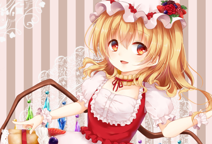 1girl alternate_costume blonde_hair buttons choker collarbone crystal eyebrows_visible_through_hair fingernails flandre_scarlet frilled_sleeves frills hair_between_eyes hat hat_ribbon highres index_finger_raised lace lace-trimmed_skirt lace_trim mob_cap mumu-crown open_mouth puffy_short_sleeves puffy_sleeves red_eyes red_ribbon red_vest ribbon ribbon_choker shirt short_sleeves side_ponytail skirt smile solo touhou upper_body vest white_shirt wings
