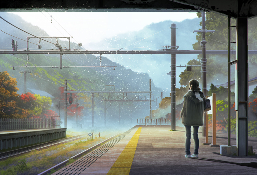 1girl autumn_leaves back bag black_hair black_pants building cable coat fence from_side grass legs_apart long_sleeves motion_blur mountain original outdoors pants pole railing railroad_signal railroad_tracks road_sign scarf scenery shadow shoes shoulder_bag sign snow snowing solo standing technoheart train_station tree white_scarf winter