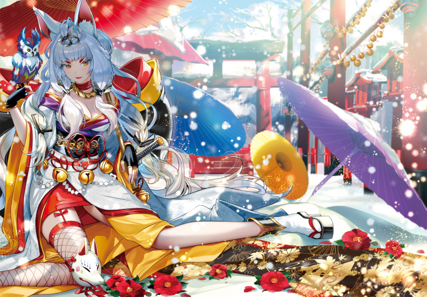 1girl animal_ears bangs bell bird blue_hair breasts cleavage clogs collar eyebrows_visible_through_hair facepaint fang fingerless_gloves fishnet_legwear fishnets fox_mask gloves japanese_clothes jingle_bell katana kimono kimono_pull large_breasts long_hair long_legs looking_at_viewer low_twintails mask obi open_mouth oriental_umbrella original red_flower sash sheath sheathed shrine single_thighhigh sitting smile snow solo sword tabi thigh-highs torii twintails umbrella very_long_hair weapon white_kimono yan'yo_(yan'yan'yo) yellow_eyes