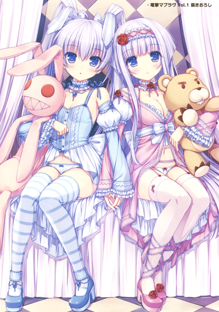 2girls absurdres babydoll bangs blush bow bow_panties breasts choker cleavage crossover curtains flat_chest flower garter_belt garter_straps gem hairband hand_holding highres inia_sestina jewelry lavender_eyes lavender_hair lingerie long_hair medium_breasts multiple_girls muvluv muvluv_alternative muvluv_total_eclipse navel open_mouth panties pendant platform_footwear platform_heels puffy_sleeves rose sayori scan shy sidelocks sitting small_breasts smile striped striped_panties stuffed_animal stuffed_bunny stuffed_toy thigh-highs twintails underwear white_panties yashiro_kasumi zettai_ryouiki