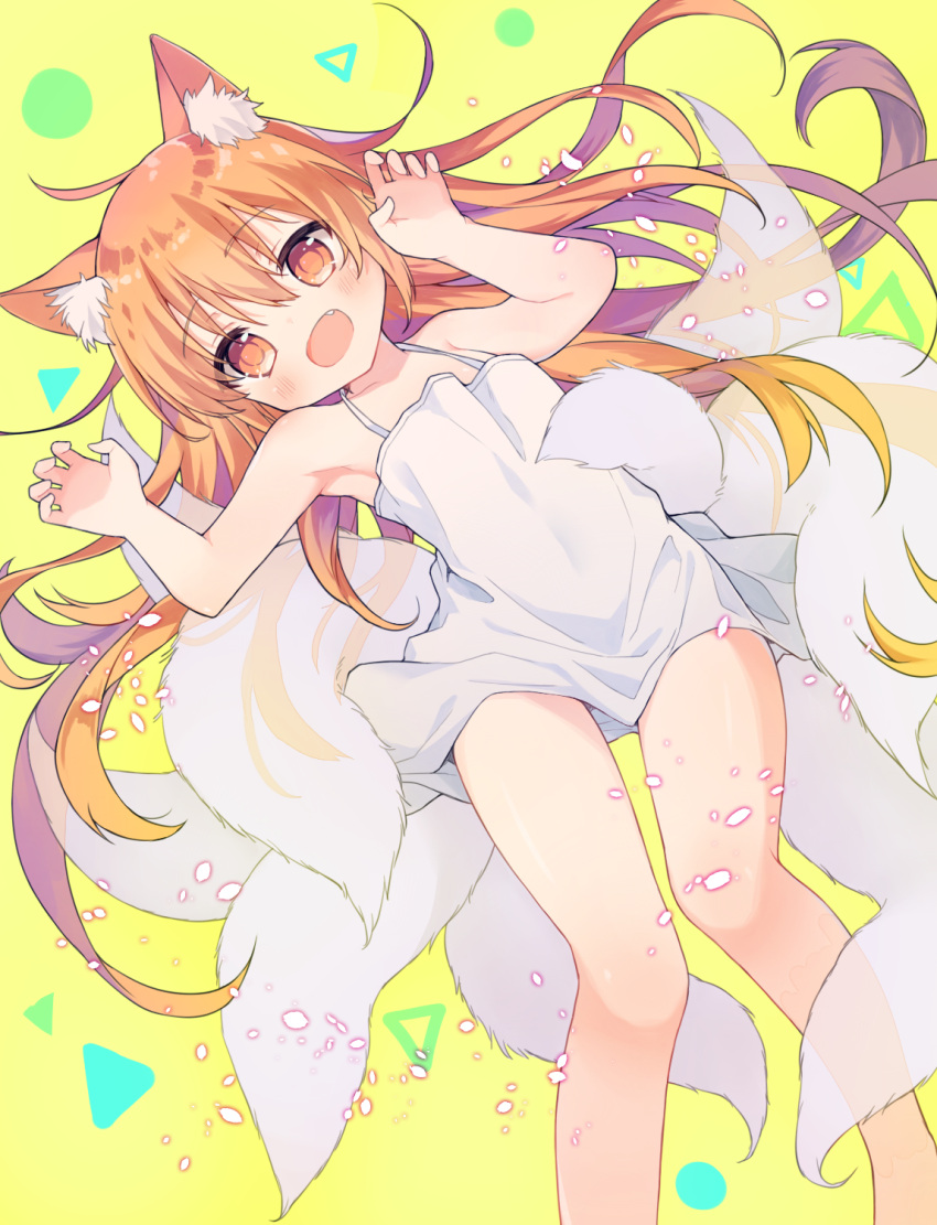 1girl animal_ears armpits arms_up brown_eyes brown_hair claw_pose dress fang fox_ears fox_tail highres legs long_hair multiple_tails open_mouth original short_dress smile solo sundress tail tsuka very_long_hair white_dress