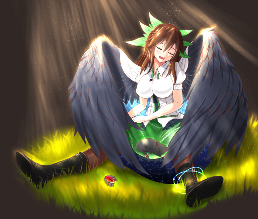 1girl bird_wings blouse boots bow breasts brooch brown_hair brown_legwear cape damao_yu drooling feathered_wings frilled_skirt frills green_skirt hair_bow hands_on_own_thighs head_tilt highres jewelry kaenbyou_rin kaenbyou_rin_(cat) large_breasts light_particles light_rays light_trail long_hair on_grass pantyhose puffy_short_sleeves puffy_sleeves reiuji_utsuho ribbon short_sleeves sitting skirt sleeping space_print sunbeam sunlight tail tail_ribbon touhou white_blouse wings