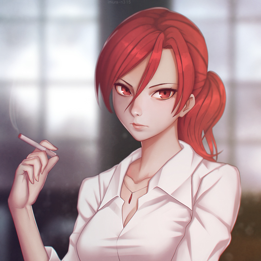 1girl aozaki_touko artist_name between_fingers breasts cigarette cleavage closed_mouth collarbone collared_shirt dress_shirt eyelashes fingernails glasses glasseslips hair_between_eyes hand_up highres holding_cigarette jewelry kara_no_kyoukai large_breasts long_hair looking_at_viewer naoko_(naoko00) necklace nose pink_lips ponytail red_eyes redhead semi-rimless_glasses shirt sleeves_past_elbows sleeves_rolled_up smoke solo upper_body white_shirt