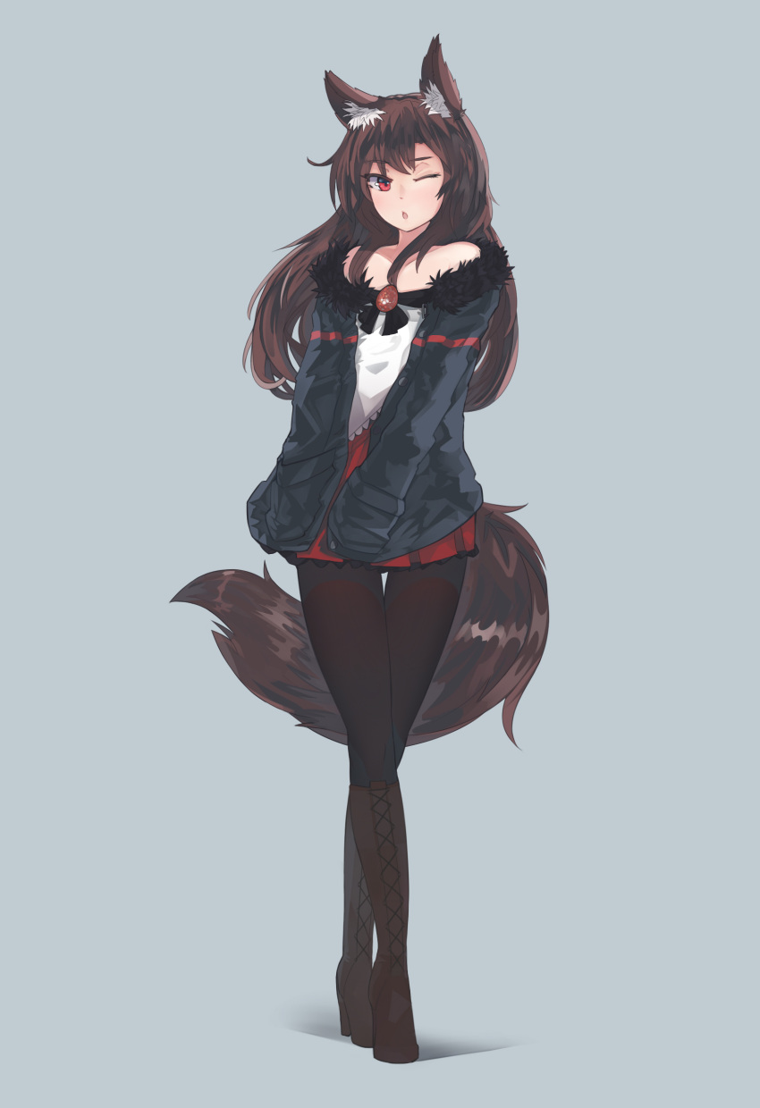 1girl absurdres animal_ears bare_shoulders black_legwear blouse boots brown_hair casual cross-laced_footwear ehrrr fur_trim high_heel_boots high_heels highres imaizumi_kagerou knee_boots kneeboots lace-up_boots long_hair miniskirt off_shoulder one_eye_closed open_mouth pantyhose pleated_skirt red_eyes red_skirt skirt solo tail touhou white_blouse wolf_ears wolf_tail
