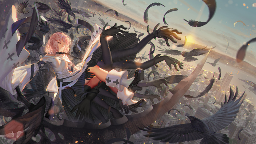 1girl alphonse_(white_datura) bird boots building city cityscape clouds dress eyepatch feathers flying highres long_hair long_sleeves one_eye_closed original outdoors parted_lips pink_hair ponytail scenery sky sleeves_past_wrists solo white_dress wide_sleeves yellow_eyes