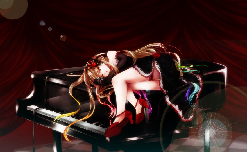 1girl black_dress black_gloves brown_eyes brown_hair checkered checkered_floor collarbone dress elbow_gloves flower gloves hair_flower hair_ornament highres holding_microphone instrument itsuneko long_hair lying mayu_(vocaloid) microphone on_side piano red_flower solo vocaloid