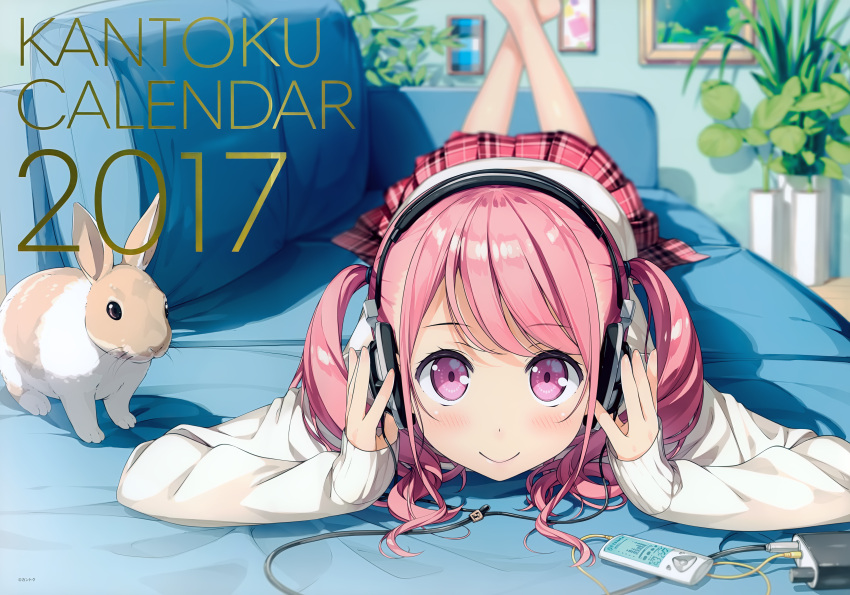 1girl 2017 absurdres bangs barefoot blurry closed_mouth couch depth_of_field digital_media_player english eyebrows_visible_through_hair feet_up hands_on_headphones headphones highres holding_headphones huge_filesize indoors kantoku long_hair looking_at_viewer lying on_stomach original painting_(object) pink_hair plant pleated_skirt potted_plant rabbit red_skirt scan skirt smile solo sweater two_side_up violet_eyes white_sweater