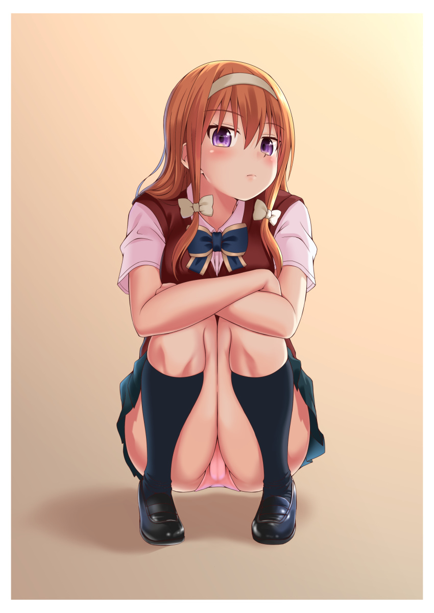 1girl absurdres black_legwear blush bow bowtie breasts hair_ribbon hairband highres long_hair looking_at_viewer low_twintails oekakizuki orange_hair original panties pantyshot pantyshot_(squatting) ribbon shoes skirt solo squatting twintails underwear violet_eyes