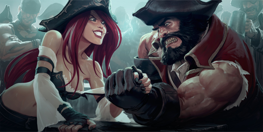 1girl arm_wrestling bandanna bandolier bare_shoulders beard beer_mug belt belt_buckle biceps bikini_top black_bikini_top black_hat black_nails black_skirt bow breasts brown_gloves buckle cleavage clenched_teeth collarbone commentary crossed_arms detached_sleeves elbow_gloves eyeliner eyepatch eyeshadow facial_hair fingernails gangplank gloves green_eyes grin groin hands_together hat highres holding_mug jason_chan large_breasts league_of_legends lipstick long_fingernails long_hair looking_at_viewer makeup manly microskirt midriff multiple_boys muscle mustache nail_polish navel nose off_shoulder pants pantyhose pirate pirate_hat red_lips red_lipstick redhead sarah_fortune shirt skirt sleeveless sleeveless_shirt smile stomach tank_top teeth tight tight_pants toothpick upper_body very_long_hair