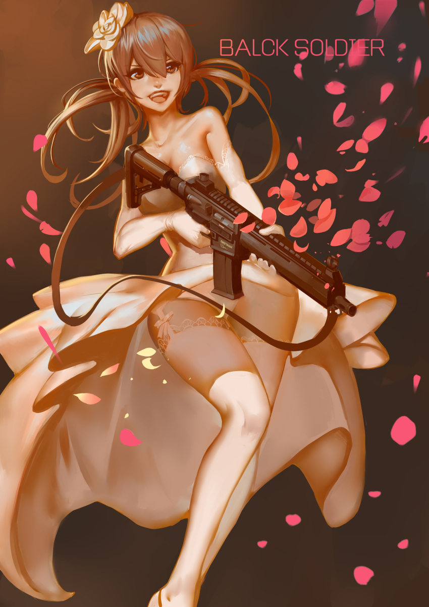 1girl :d absurdres artist_name assault_rifle bangs bare_shoulders black_soldier breasts bride brown brown_background brown_eyes brown_hair collarbone cowboy_shot dress elbow_gloves eyelashes feet_out_of_frame flower garter_straps gloves gun hair_between_eyes hair_flower hair_ornament highres holding holding_gun holding_weapon lace lace-trimmed_dress lace-trimmed_gloves lace-trimmed_thighhighs long_hair looking_afar low_twintails nose open_mouth original panties pantyshot pantyshot_(standing) petals rifle smile solo standing standing_on_one_leg strapless strapless_dress teeth thigh-highs twintails two-handed typo underwear weapon wedding_dress white_dress white_gloves white_legwear white_panties