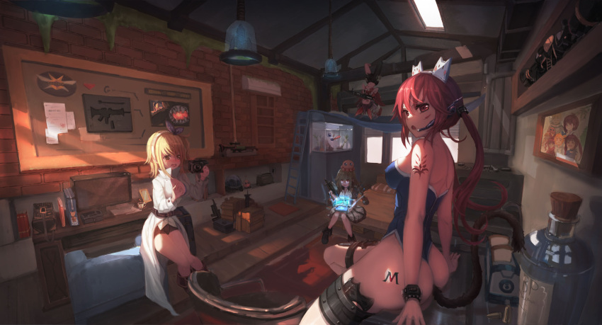 4girls :d aiming animal_ears ass assault_rifle asymmetrical_legwear bare_shoulders bed belt black_pants blonde_hair blue_leotard blue_ribbon blush book boots bottle bread breasts brick_wall brown_eyes camera cat_tail chair computer cork dress fish_tank food full-face_blush glasses gun hair_between_eyes hair_ribbon headband headset highres holster indoors knife ladder lamp leotard looking_at_another looking_at_viewer looking_back medium_breasts midriff monitor multiple_girls muttsuri_xiaomen navel open_mouth original pants pillow polka_dot_ribbon popped_collar radio red_eyes redhead ribbon rifle room short_shorts shorts shoulder_tattoo sitting smile sniper_rifle tail tattoo thigh-highs thigh_holster thighs toaster toy twintails unbuttoned upside-down watch watch weapon white_dress