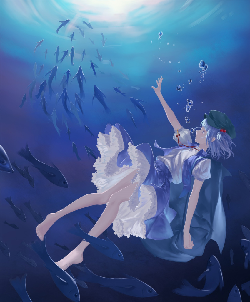 1girl air_bubble backpack bag barefoot blue_eyes blue_hair blue_skirt blue_vest breath bubble closed_mouth dress dress_shirt fish frilled_skirt frills hair_bobbles hair_ornament hand_up hat highres kawashiro_nitori key key_necklace nana_(13054942) petticoat reaching reaching_out shirt short_hair short_sleeves skirt skirt_set solo touhou two_side_up underwater vest water wet wet_clothes white_shirt