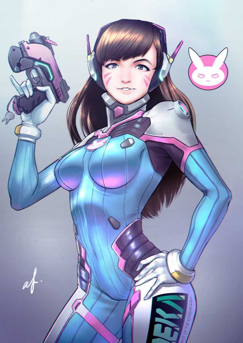 1girl absurdres afba artist_name bangs blue_bodysuit bodysuit bracer breasts brown_eyes brown_hair bunny_print charm_(object) chromatic_aberration clothes_writing contrapposto cowboy_shot d.va_(overwatch) facepaint facial_mark gloves gradient gradient_background grey_background gun hand_on_hip handgun headphones high_collar highres holding holding_gun holding_weapon long_hair looking_at_viewer medium_breasts overwatch parted_lips pilot_suit pinky_out pistol ribbed_bodysuit shoulder_pads signature skin_tight smile solo swept_bangs trigger_discipline weapon whisker_markings white_gloves