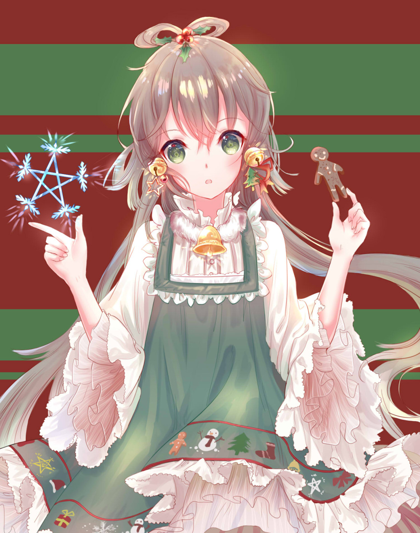 1girl :o bangs bell blush brown_hair commentary dress eyebrows_visible_through_hair fingernails food gingerbread_man green_dress green_eyes hair_bell hair_between_eyes hair_ornament head_tilt hexagram highres holding holding_food long_hair long_sleeves low_twintails luo_tianyi parted_lips shirt sidelocks solo star star_of_david twintails very_long_hair vocaloid vocanese white_shirt wide_sleeves yaduo