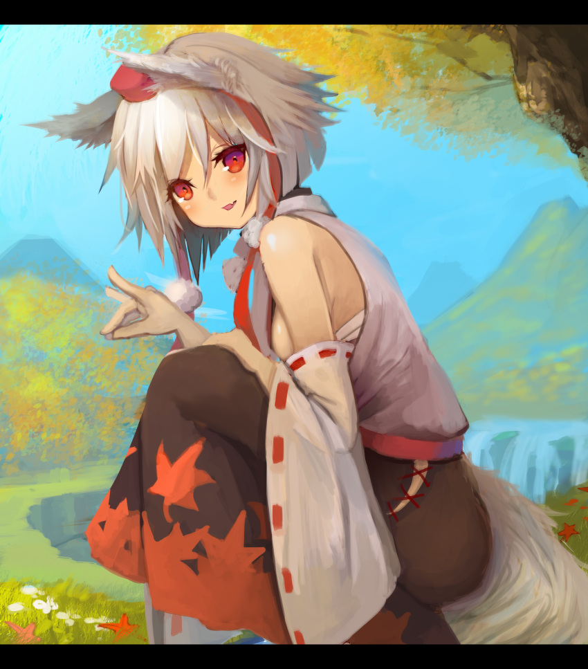 1girl absurdres animal_ears autumn_leaves bare_shoulders breasts daisy detached_sleeves fang flower fox_shadow_puppet grass hat highres hukahire0120 inubashiri_momiji leaf leaf_print letterboxed looking_at_viewer maple_leaf mountain open_mouth outdoors red_eyes sarashi shirt short_hair sideboob skirt sleeveless sleeveless_shirt small_breasts smile solo squatting tail tokin_hat touhou tree water waterfall white_hair wolf_ears wolf_tail