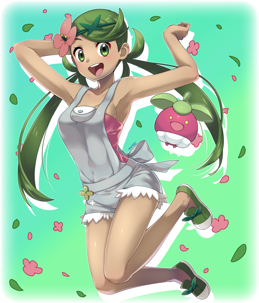 1girl absurdres armpits arms_up bare_arms bare_legs bare_shoulders blue_bow blush bounsweet bow breasts dark_skin flower full_body green_eyes green_hair green_shoes hair_flower hair_ornament highres jumping leaf long_hair looking_at_viewer mallow_(pokemon) matching_hair/eyes medium_breasts npc npc_trainer open_mouth overalls petals pokemon pokemon_(creature) pokemon_(game) pokemon_sm sakura_chiyo_(konachi000) shoes sideboob smile solo tied_hair trial_captain twintails