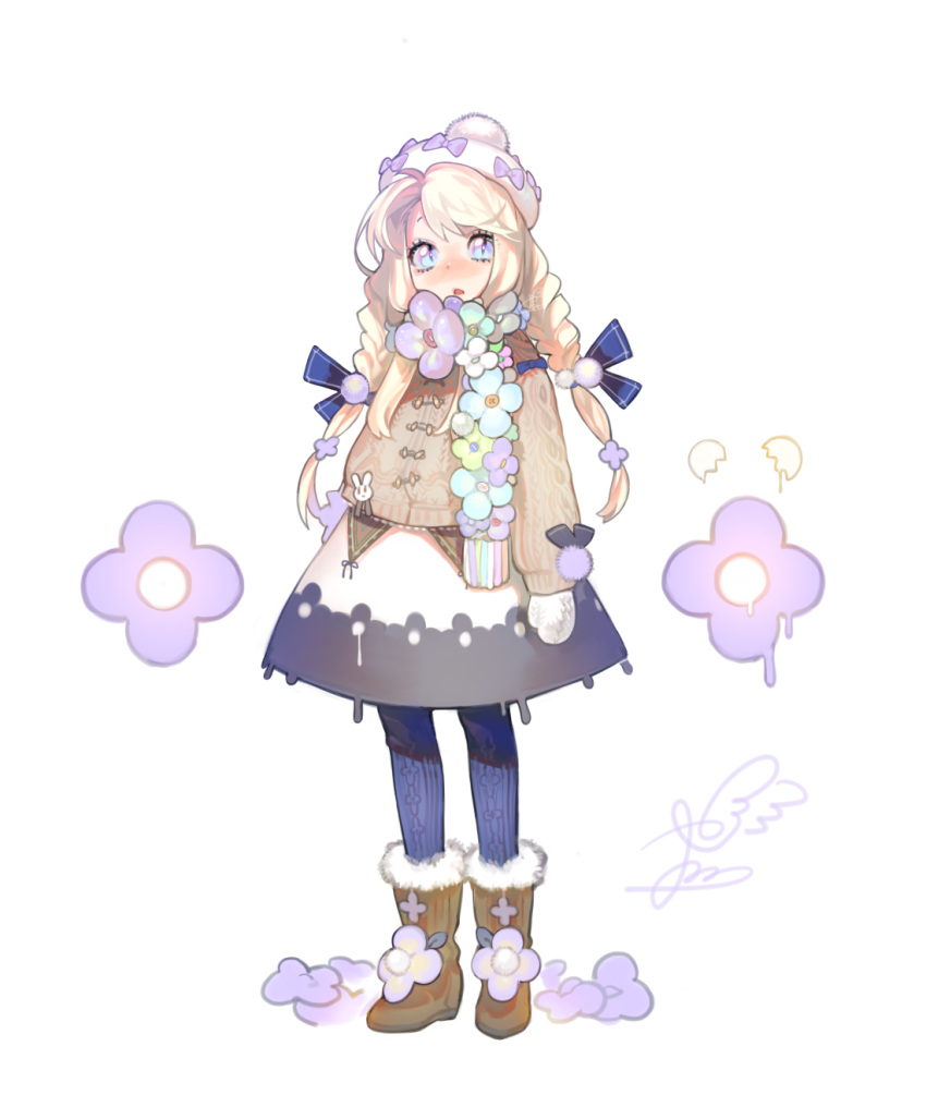 1girl blonde_hair blue_eyes blush boots bow braid coat dress flower fur-lined_boots hat hat_bow highres leggings long_hair looking_at_viewer mittens nose_blush open_mouth original patterned_legwear pom_pom_(clothes) ribbon scarf solo sweater twin_braids winter_clothes winter_coat wntame