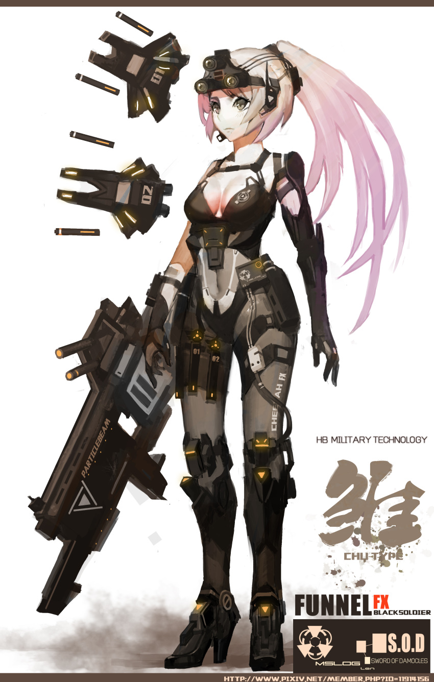 1girl absurdres armor armored_boots artist_name assault_rifle black_soldier blush bodysuit boots breasts cable cleavage closed_mouth covered_navel elbow_gloves full_body gloves grey_eyes gun head_mounted_display high_heel_boots high_heels highres knee_boots legs_apart long_hair medium_breasts original ponytail rifle shoulder_pads solo standing strap thigh_strap visor weapon