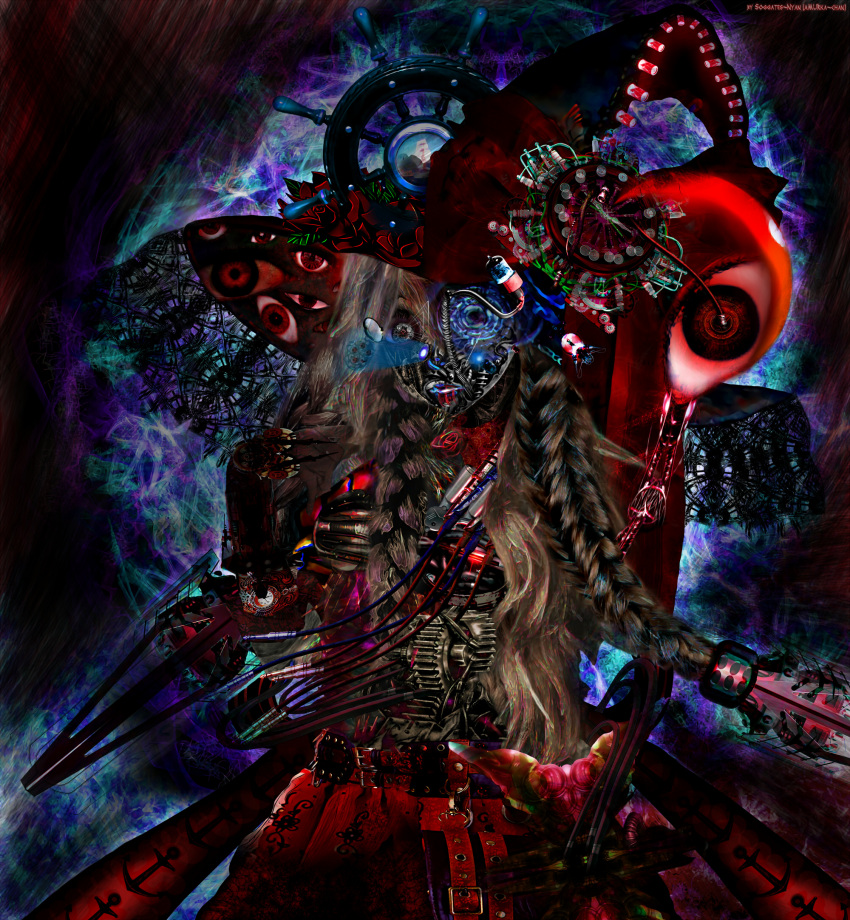 1girl abstract abstract_background anchor artist_name bag belt bow check_commentary clock commentary commentary_request cybernetic_eye dark dial eyes flower gears hat highres industrial lamp light long_hair looking_at_viewer md5_mismatch mechanical mechanical_arms mechanization moon_(ornament) oounabara_to_wadanohara plait red_eyes rose skirt soggates-nyan_(amurka-chan) solo steampunk tagme wadanohara wire witch witch_hat