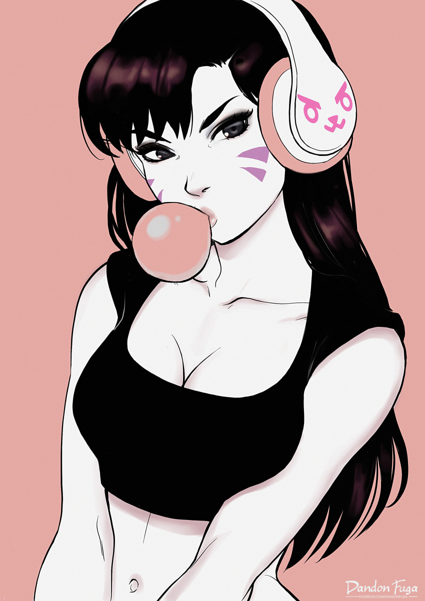 &gt;:3 1girl :3 absurdres artist_name bangs bare_shoulders breasts brown_hair bubble_blowing bubblegum bunny_print cleavage collarbone crop_top d.va_(overwatch) dandon_fuga eyelashes facepaint facial_mark female grey_eyes gum headphones highres lips long_hair medium_breasts navel nose overwatch partially_colored pink_background pink_lips simple_background sleeveless solo upper_body whisker_markings