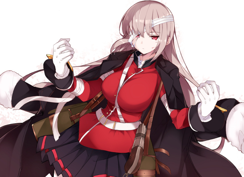 1girl bandage_over_one_eye bangs belt black_jacket black_skirt breasts carrying closed_mouth cuts expressionless fate/grand_order fate_(series) florence_nightingale_(fate/grand_order) gloves haruyuki_(yukichasoba) injury jacket jacket_on_shoulders large_breasts long_hair long_sleeves looking_at_viewer military military_uniform pink_hair pleated_skirt red_eyes shoulder_carry skirt solo uniform white_background white_gloves