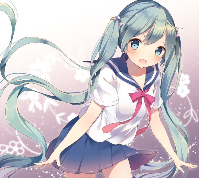 ahoge blush green_eyes green_hair hatsune_miku long_hair seifuku twintails vocaloid