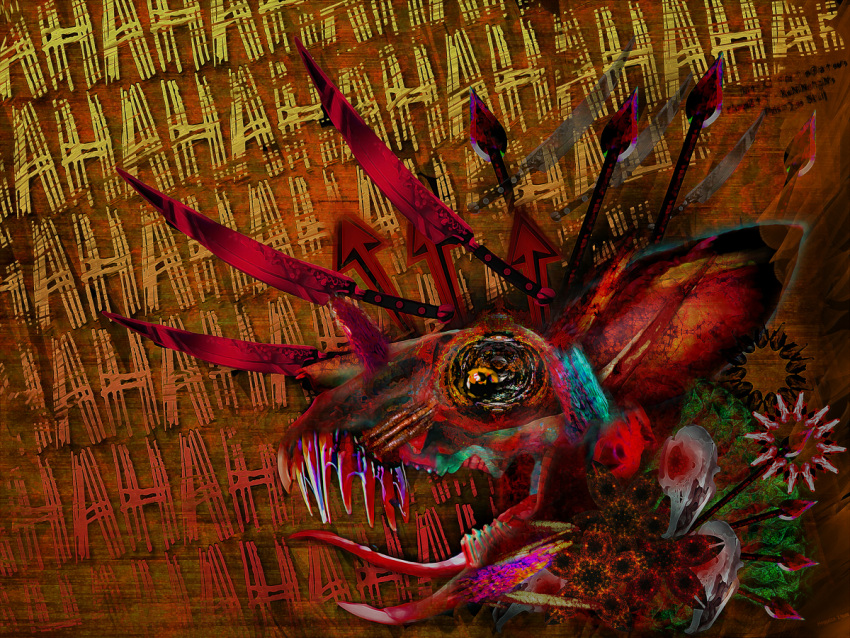 abstract angry animal_ears blood bone check_commentary commentary commentary_request creepy death evil_smile flower knife laughing mutation no_humans oounabara_to_wadanohara orange_background orange_eyes pixiv_sample polearm rabbit rabbit_ears red_eyes skull smile soggates-nyan_(amurka-chan) spear teeth text tongue tosatsuhime weapon