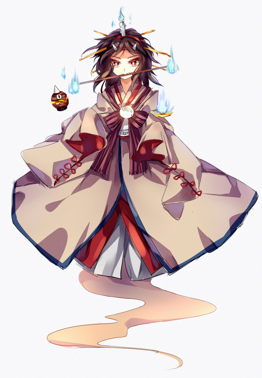 androgynous black_hair candle fangs fire flame ghost ghost_tail hairband hichou highres horns japanese_clothes kimono lamp len'en mouth_hold red_eyes short_hair solo taira_no_chouki