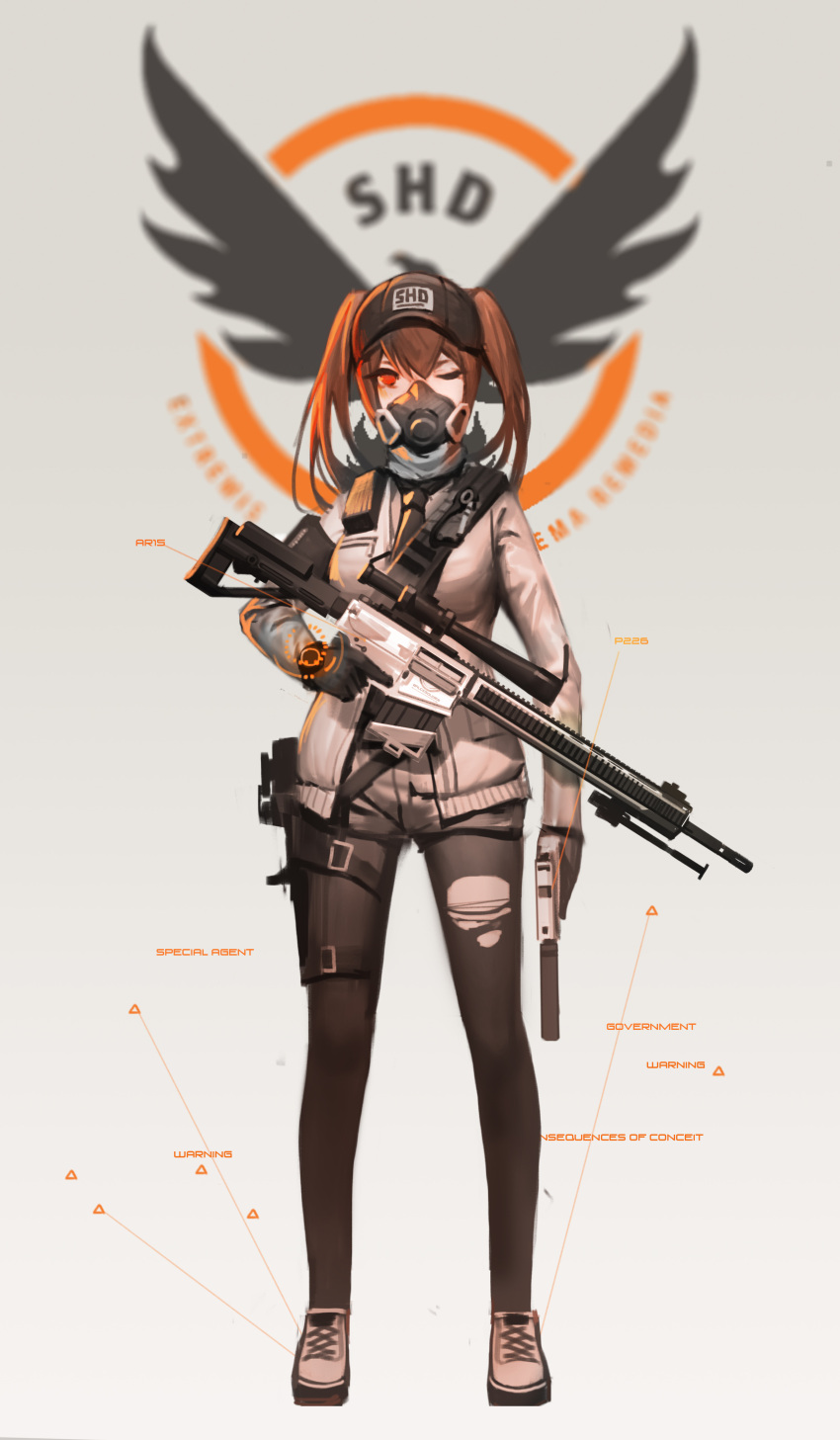 1girl absurdres assault_rifle baseball_cap black_hat black_legwear black_necktie black_soldier breasts brown_hair covered_mouth cross-laced_footwear emblem full_body gas_mask gun handgun hat highres holding holding_gun holding_weapon holster jacket legwear_under_shorts logo long_hair long_sleeves mask medium_breasts necktie one_eye_closed open_clothes open_jacket original pantyhose pistol red_eyes rifle shoes short_shorts shorts simple_background solo standing suppressor thigh_holster tom_clancy's_the_division torn_clothes torn_pantyhose trigger_discipline twintails weapon white_shoes