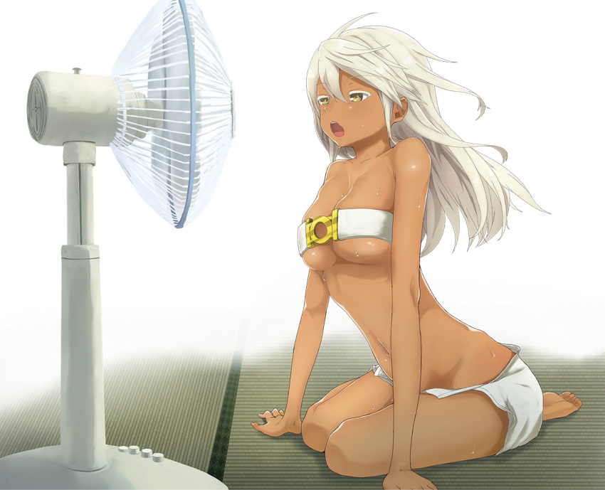 1girl beltbra breasts cleavage dark_skin electric_fan eyelashes guilty_gear guilty_gear_xrd large_breasts long_hair midriff open_mouth orange_eyes ramlethal_valentine shorts sitting solo sweat toima_(beat0829) white_hair