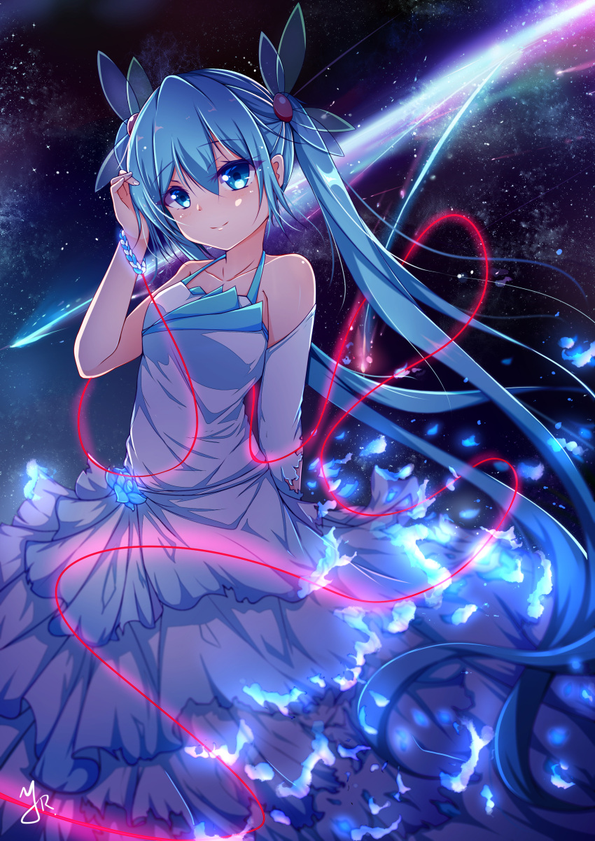 1girl absurdres aqua_eyes aqua_hair bracelet detached_sleeves dress hatsune_miku highres jewelry long_hair looking_at_viewer qingye_ling solo twintails very_long_hair vocaloid