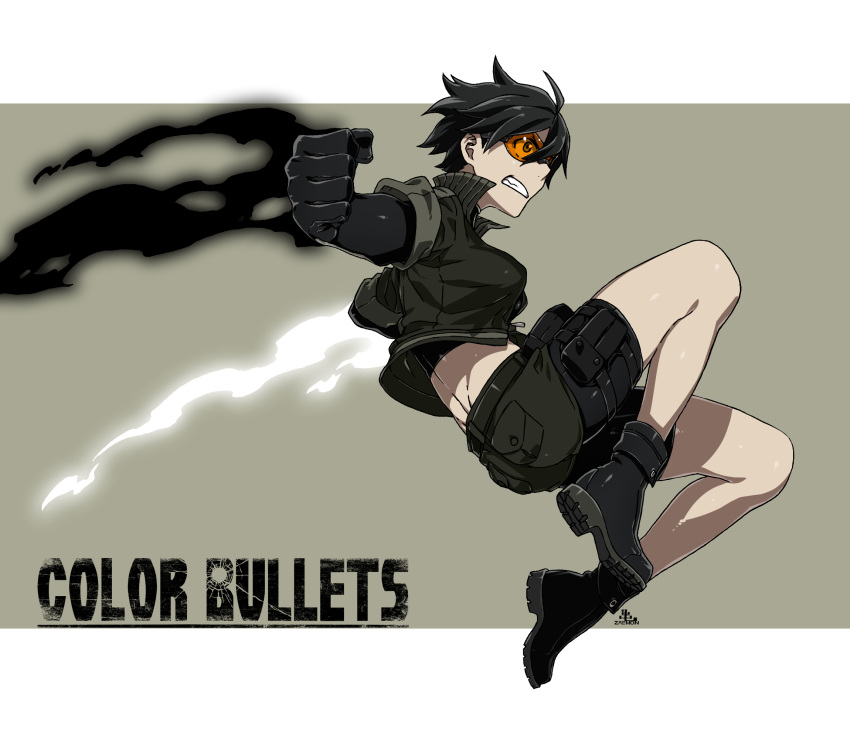 1girl belt bike_shorts black_boots black_hair boots clenched_teeth color_bullets copyright_name danielle_redford_(kamezaemon) fire gloves highres jacket jumping kamezaemon military_jacket original pouch short_hair shorts simple_background solo teeth