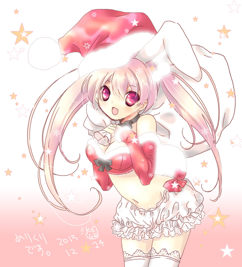 1girl animal_ears bare_shoulders bloomers blush bow breasts choker christmas cleavage crop_top di_gi_charat fang fur_trim gloves hair_ornament half_gloves hat highres koge_donbo lace lace-trimmed_thighhighs large_breasts long_hair pink_hair rabbit_ears red_eyes ribbon santa_costume santa_hat smile solo thigh-highs twintails underwear usada_hikaru white_legwear
