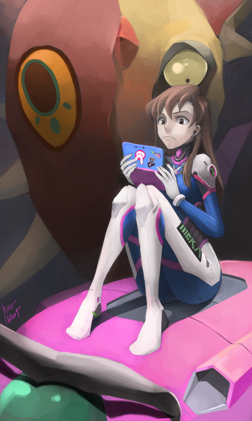 1girl absurdres acronym artist_name bodysuit boots bracer breasts brown_eyes brown_hair bunny_print cable closed_mouth commentary d.va_(overwatch) dated earphones gloves handheld_game_console highres holding knee_pads knees_up kyunghee_yim long_hair long_sleeves mecha medium_breasts meka_(overwatch) monster_hunter nintendo_3ds overwatch pauldrons pilot_suit playing_games ribbed_bodysuit shoulder_pads sitting skin_tight solo sticker thigh-highs thigh_boots thigh_strap turtleneck white_boots white_gloves