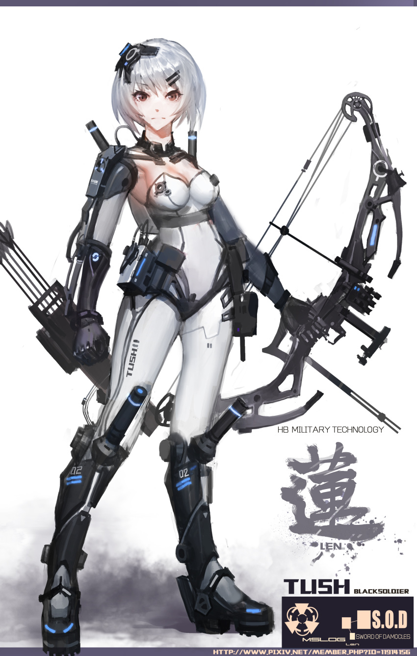 1girl absurdres armor armored_boots arrow artist_name bangs black_soldier bodysuit boots bow_(weapon) breasts cable cleavage clenched_hand closed_mouth detached_sleeves elbow_gloves full_body gloves hair_ornament hairclip harness headgear highres holding holding_weapon knee_boots legs_apart letterboxed looking_at_viewer mechanical_bow medium_breasts original quiver short_hair shoulder_pads silver_hair solo standing strap weapon white_bodysuit