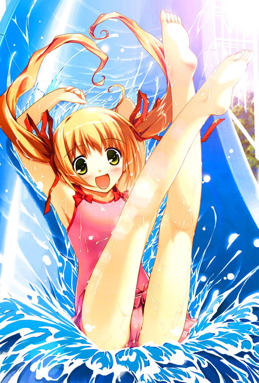 absurdres barefoot blonde_hair feet fixme highres jpeg_artifacts one-piece_swimsuit pastel soles swimsuit twintails water_slide yellow_eyes yuki_usagi yuuki_haruka