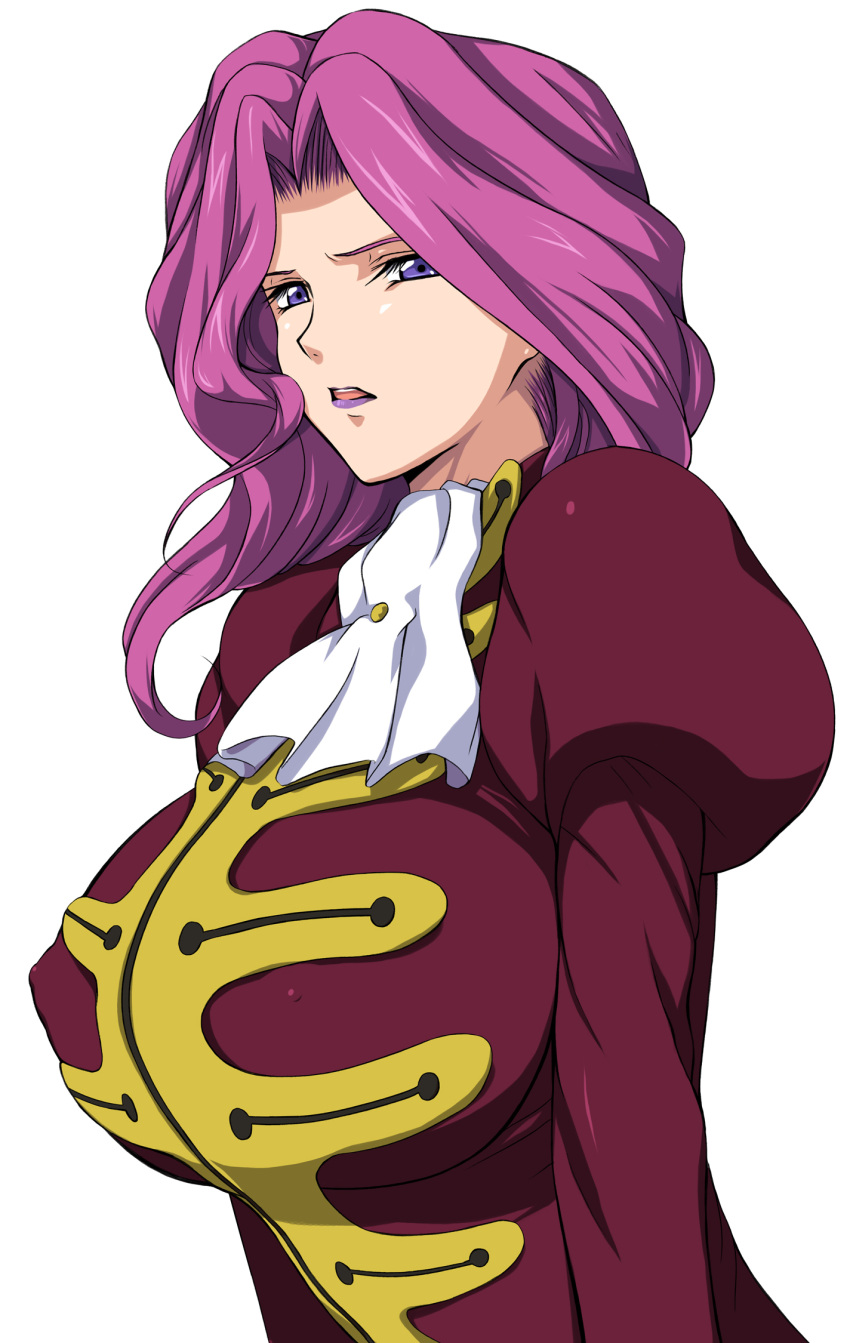 1girl blue_eyes breasts code_geass cornelia_li_britannia erect_nipples highres huge_breasts lipstick long_hair makeup purple_hair solo uniform violet_eyes zundarepon