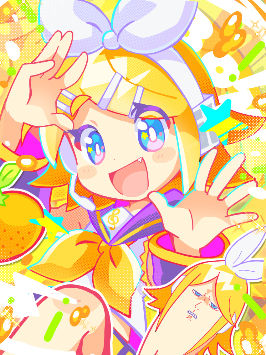 1girl :d bangs blonde_hair blue_eyes blush blush_stickers bow crop_top detached_sleeves fang food fruit hair_bow hair_ornament hairclip halftone hand_up headphones headset highres kagamine_rin knee_up long_sleeves looking_at_viewer midriff open_mouth orange_(fruit) parted_bangs rin_no_youchuu sailor_collar shirt short_hair sleeveless sleeveless_shirt smile sowao. sparkle thick_eyebrows vocaloid