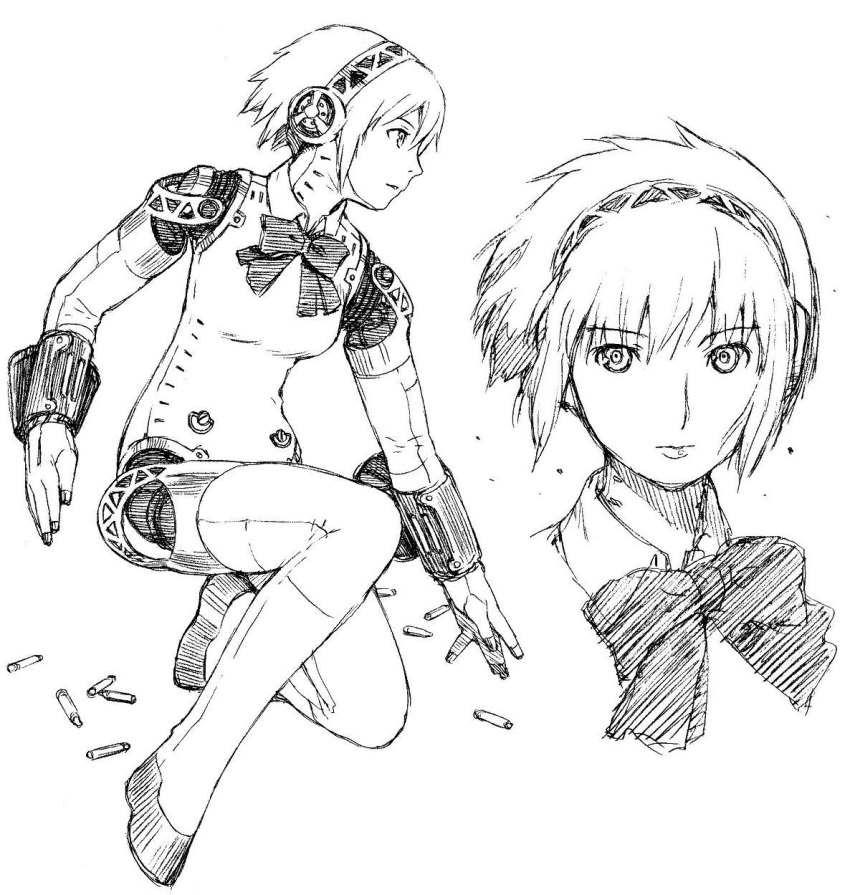 1girl aegis aegis_(persona) android atlus bow highres monochrome persona persona_3 ribbon robot_joints short_hair traditional_media yug