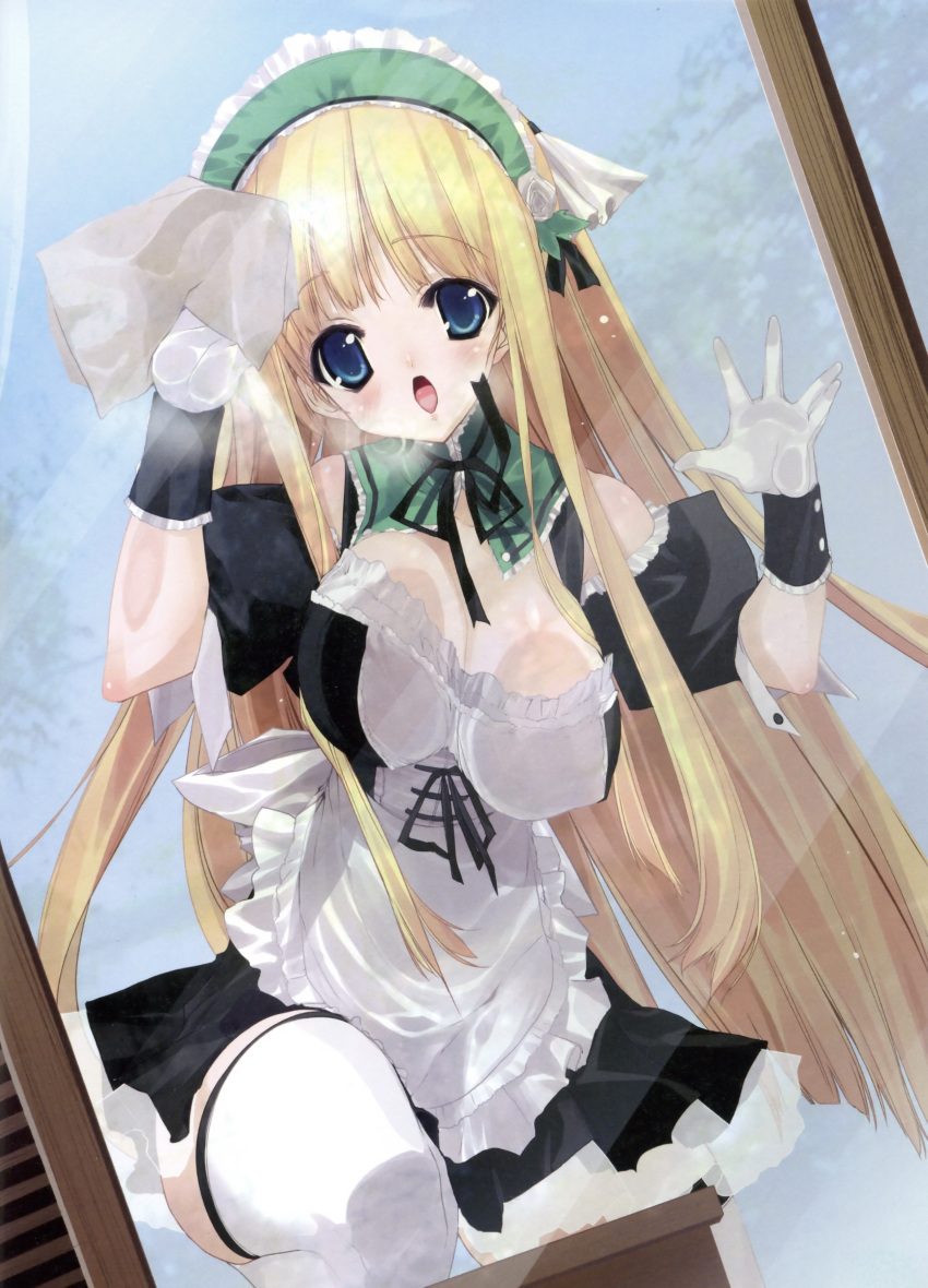 1girl absurdres against_glass blonde_hair bonnet breast_press breasts breasts_on_glass cleavage gloves highres large_breasts long_hair maid ribbon solo thigh-highs urotan