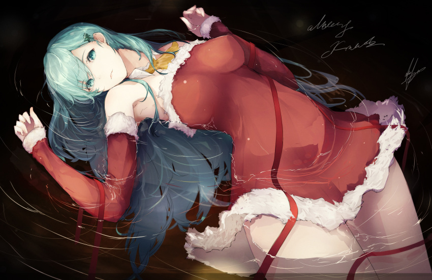 1girl alternate_costume artist_name bangs bare_shoulders breasts christmas christmas_tree_hair_ornament detached_collar detached_sleeves dress floating fur-trimmed_sleeves green_hair hands_up highres kantai_collection large_breasts long_hair looking_at_viewer lying marumoru merry_christmas on_back partially_submerged red_dress red_ribbon ribbon santa_costume signature solo suzuya_(kantai_collection) thighs water_surface