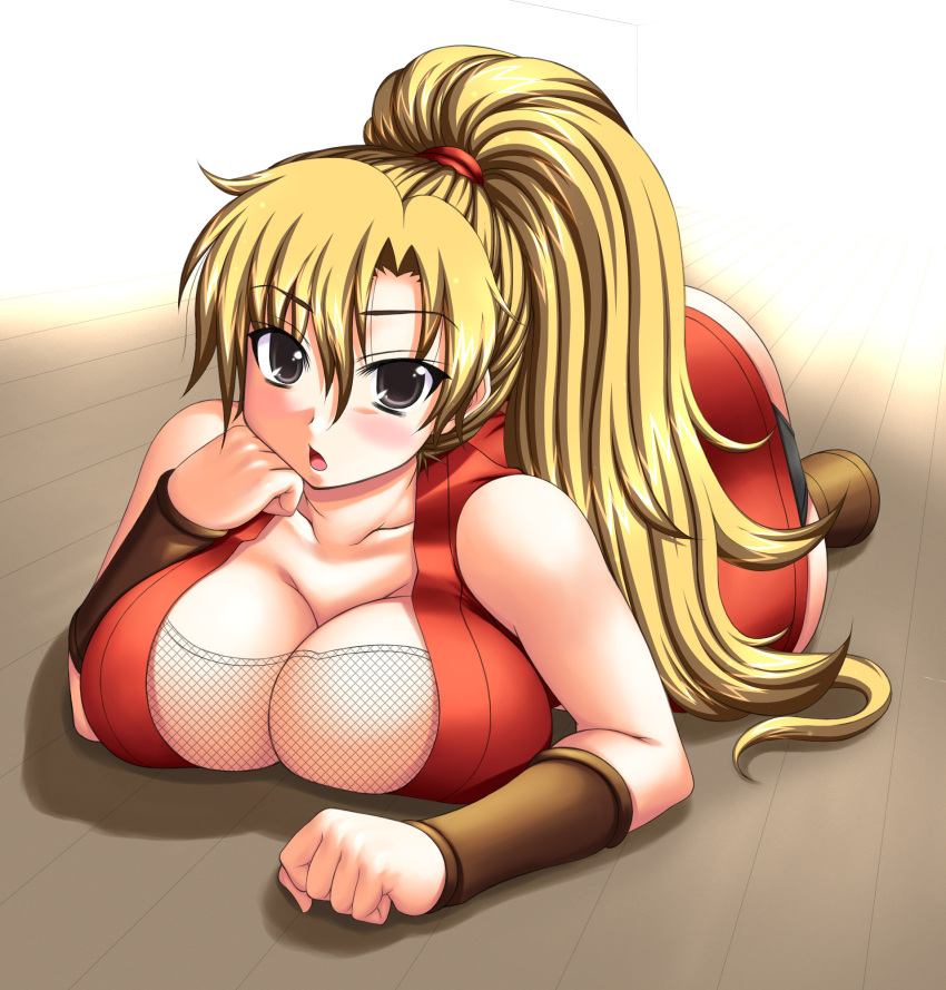 1girl black_eyes blonde_hair blush breast_press breasts capcom cleavage d_kurouri final_fight fishnets genryuusai_maki highres huge_breasts long_hair ninja ponytail solo street_fighter